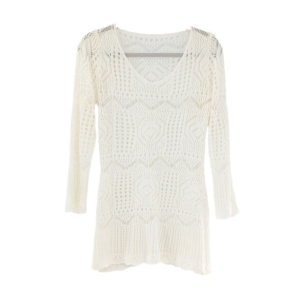 Cream Ivory Cotton Blend Long Sleeve Crochet Swimsuit Coverup Dress Small/Med - Picture 1 of 4